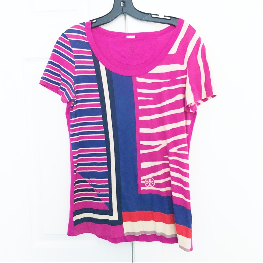 Tory Burch Pink Pima Cotton Logo Stripe T Shirt blouse S